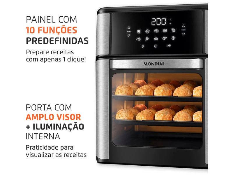 Fritadeira Elétrica sem Óleo/Air Fryer Mondial Forno Oven -12L-BI Preta 12L