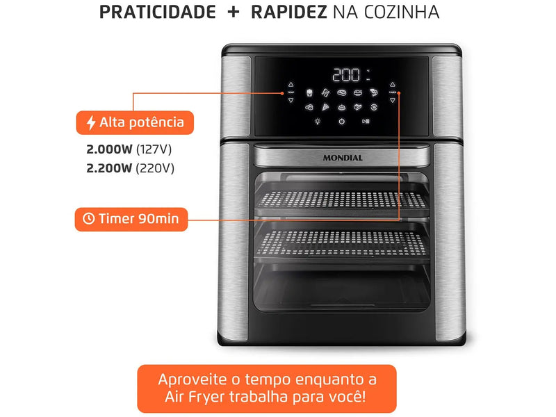 Fritadeira Elétrica sem Óleo/Air Fryer Mondial Forno Oven -12L-BI Preta 12L