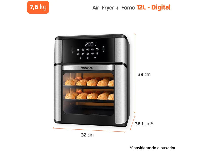 Fritadeira Elétrica sem Óleo/Air Fryer Mondial Forno Oven -12L-BI Preta 12L