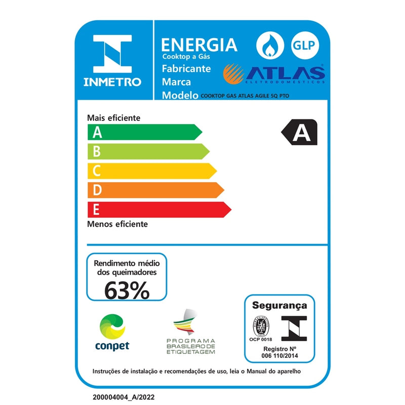 Fogão Cooktop 5 Bocas Preto Com Mesa Vidro Atlas Agile Up Bivolt